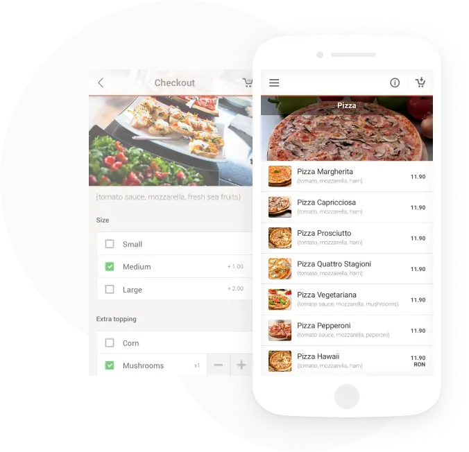 Sistema di ordinazione cibo per ristoranti con app mobile ad etichetta bianca