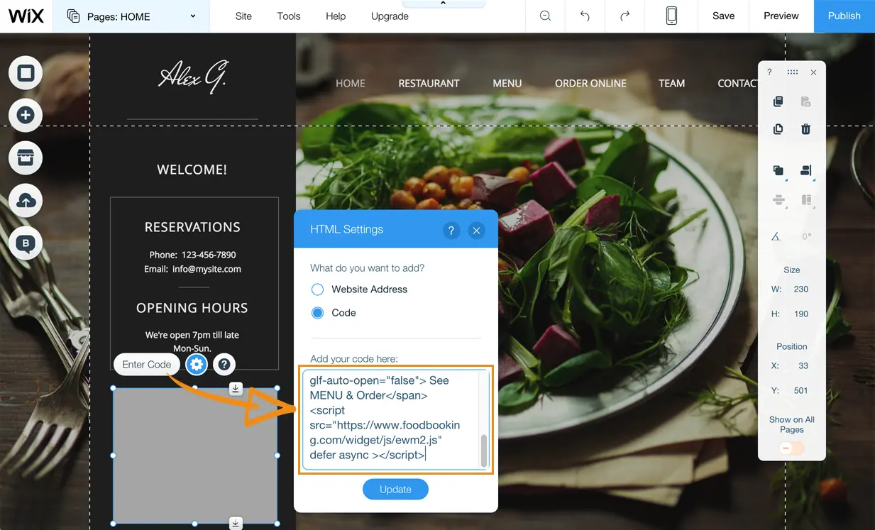 Paste the online ordering button code to your Wix website
